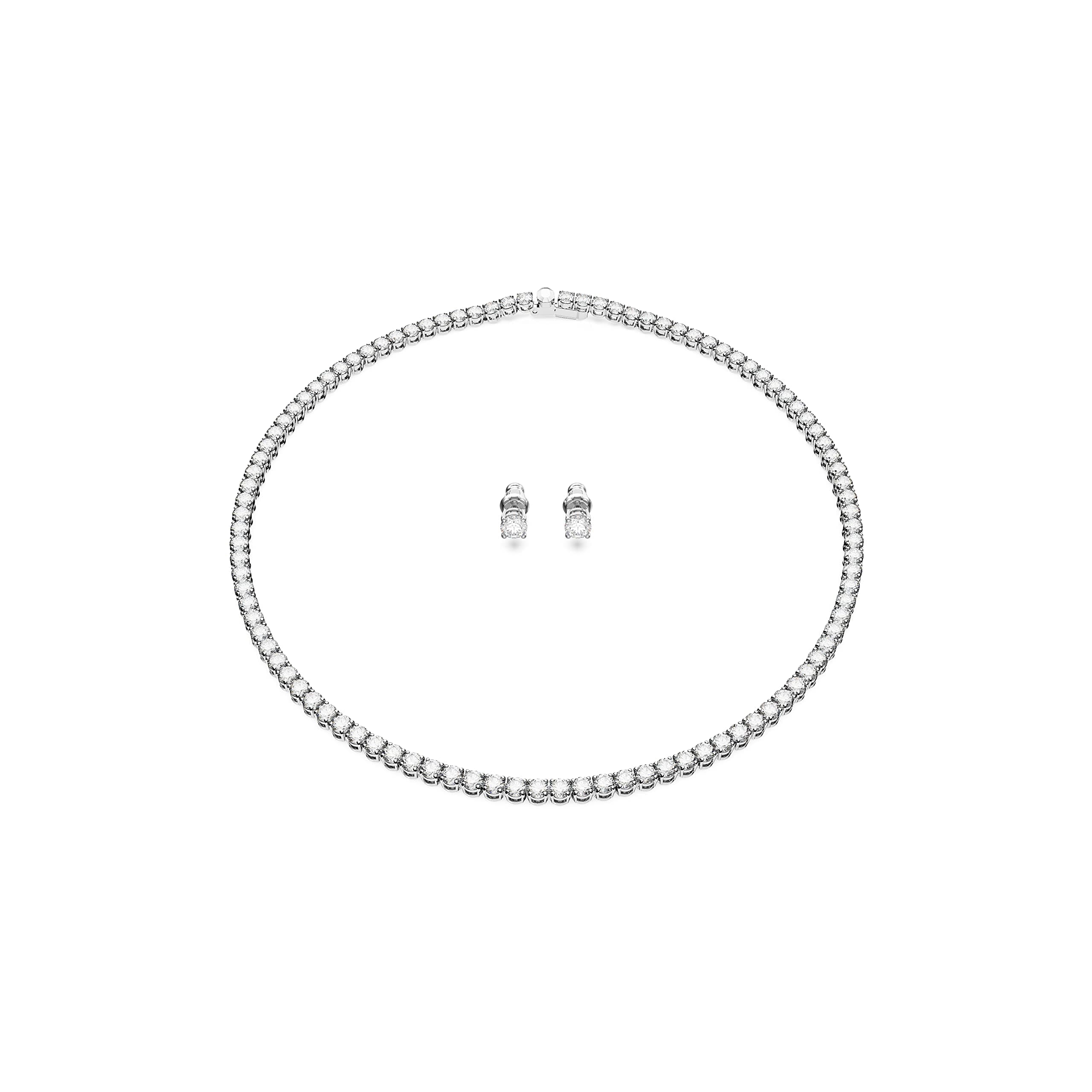 Swarovski Matrix Tennis Jewelry Set for Women, All-Round Necklace and Pierced Stud Earrings, Rhodium Finished Clear Crys