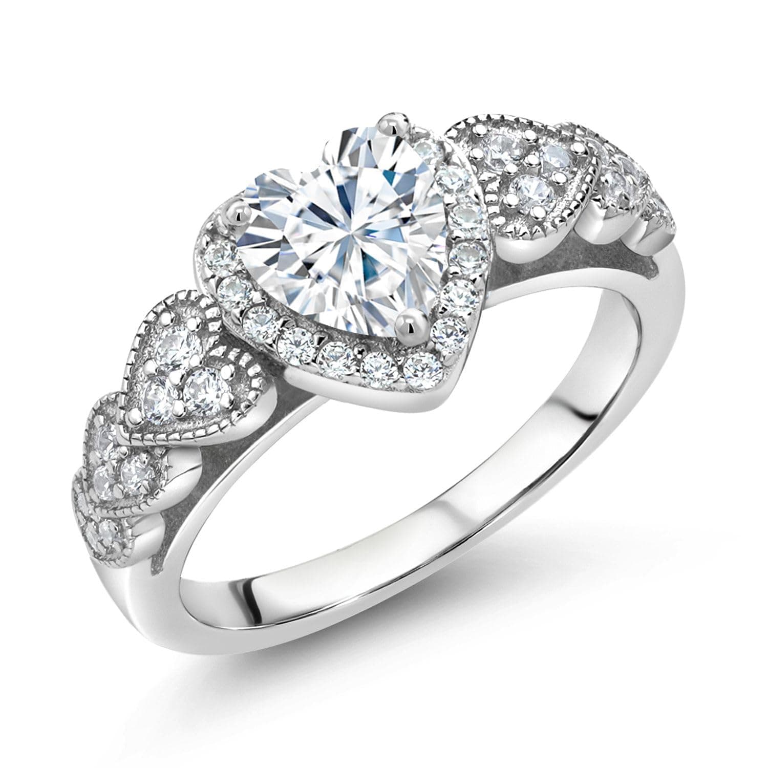 Gem Stone King 925 Sterling Silver Heart Gemstone Ring for Women | White Moissanite Halo | Wedding Anniversary Engagemen
