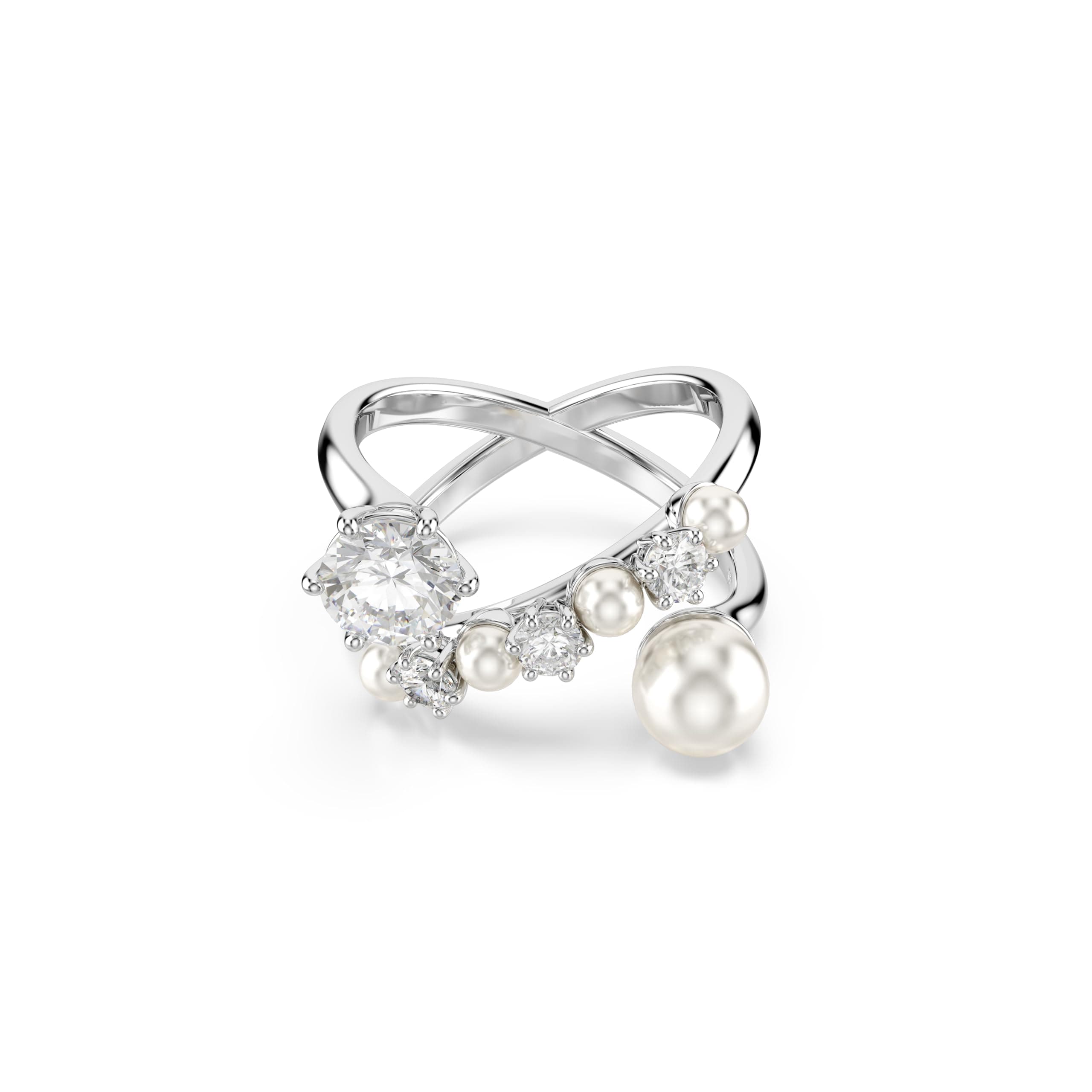 Swarovski Matrix Cocktail Ring, Crystal Pearl, Round Cut, Clear, Rhodium Finish, Perfect Gift for Special Occasions
| S