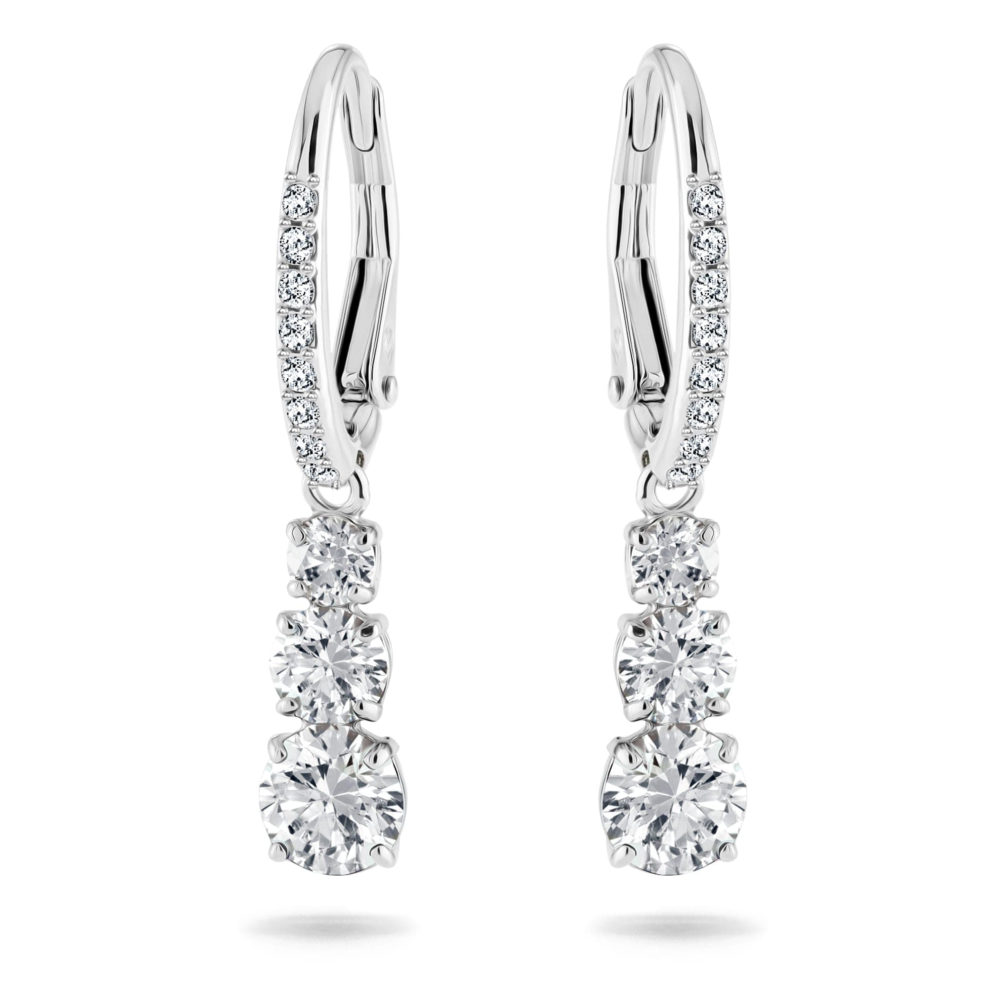 Swarovski Stilla Attract Trilogy Drop Pierced Earrings: White Crystals, Rhodium Plated Setting, Hinged Closure for Women