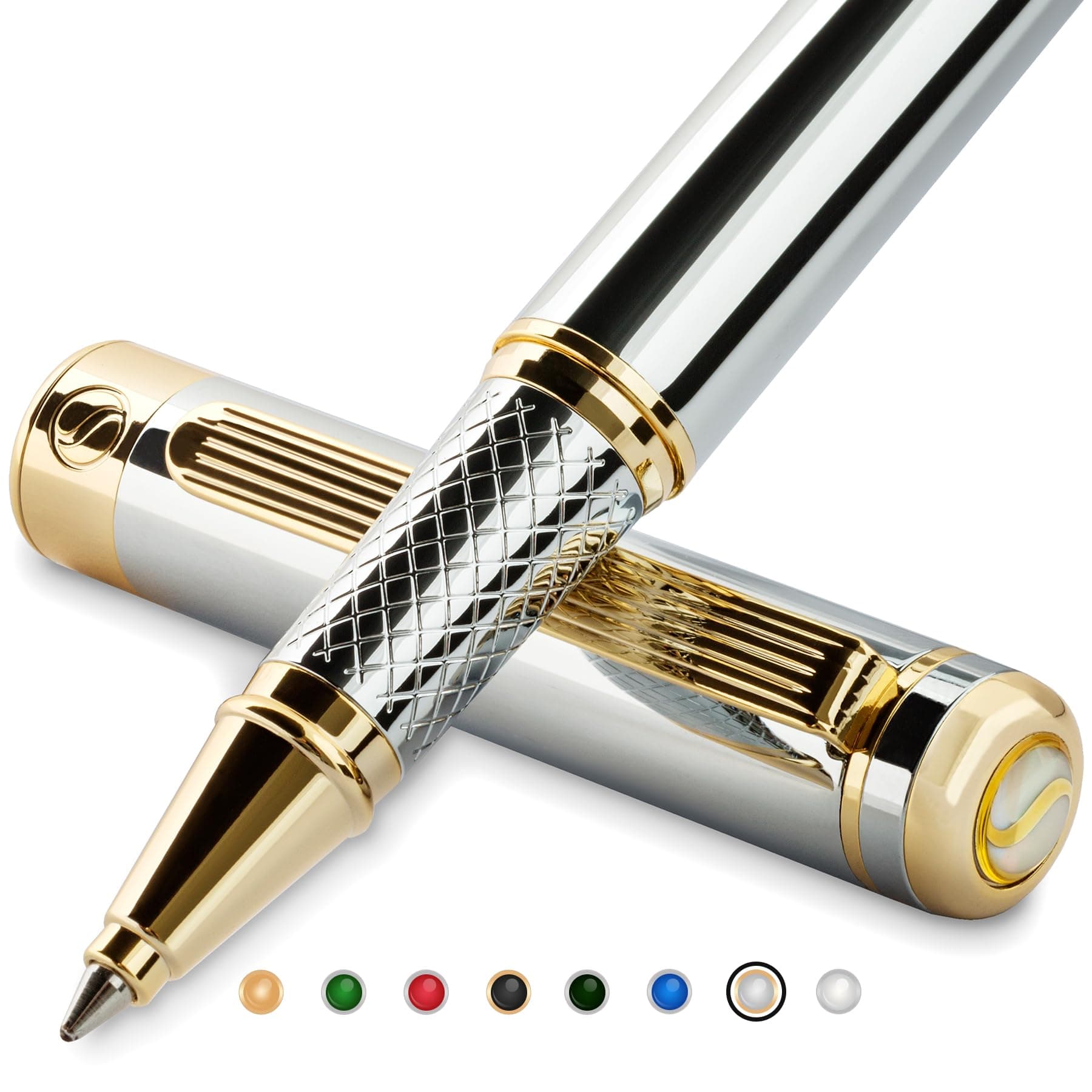 Scribeiner Silver Chrome Rollerball Pen - Luxury Pen for Men & Women, Real Gold Plating, Schmidt Ink Refill, Professiona