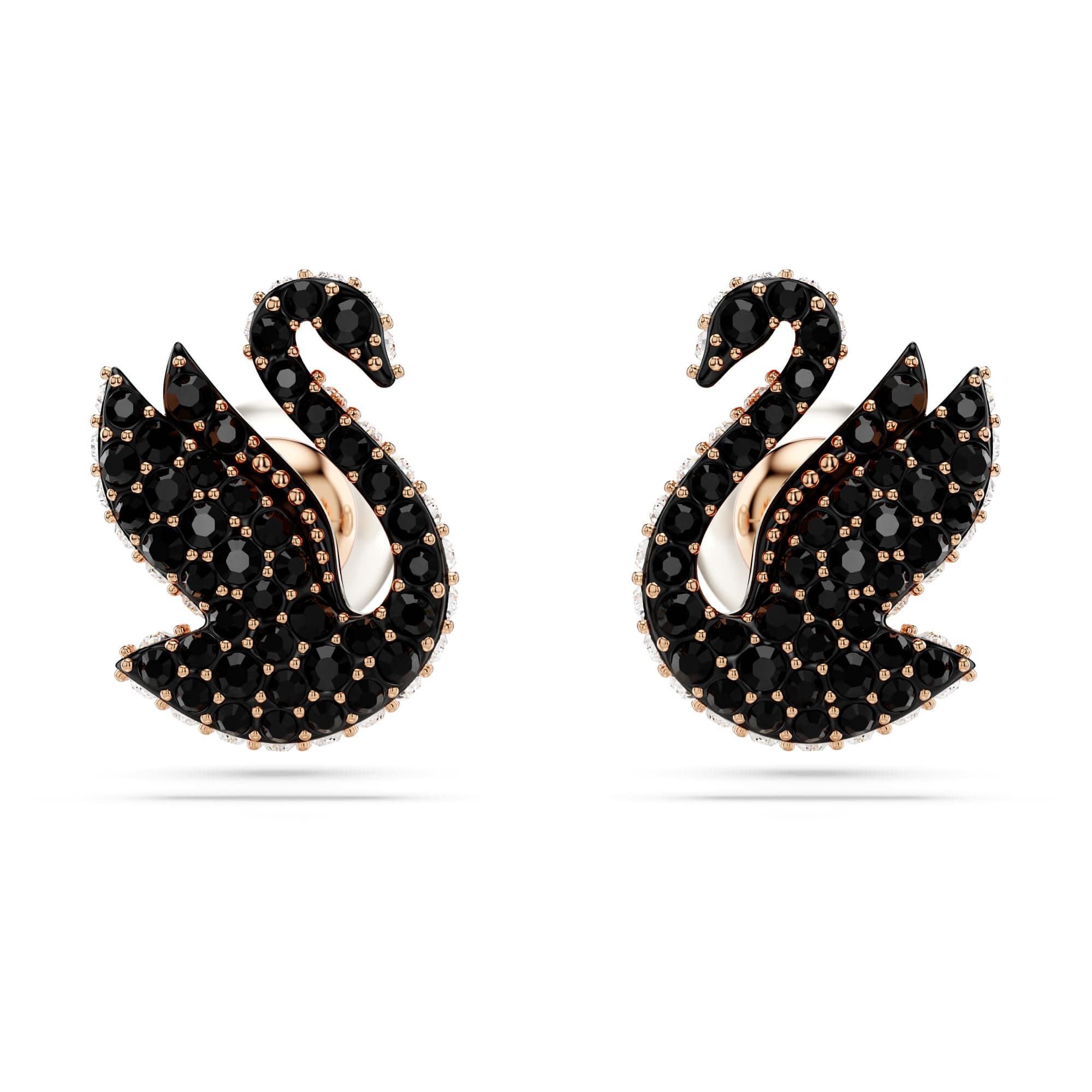 Swarovski Swan Stud Earrings for Women in Rose Gold, Black Pavé Crystals, Pearl Closure, Part of the Swarovski Collectio