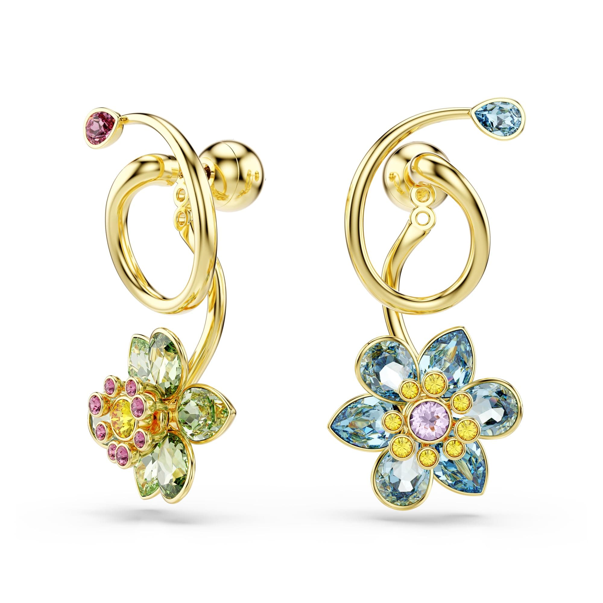 Swarovski Idyllia Drop Earrings for Women - Asymmetrical Design, Mixed Cuts, Flower Motif, Multicolored, Gold-Tone Fini