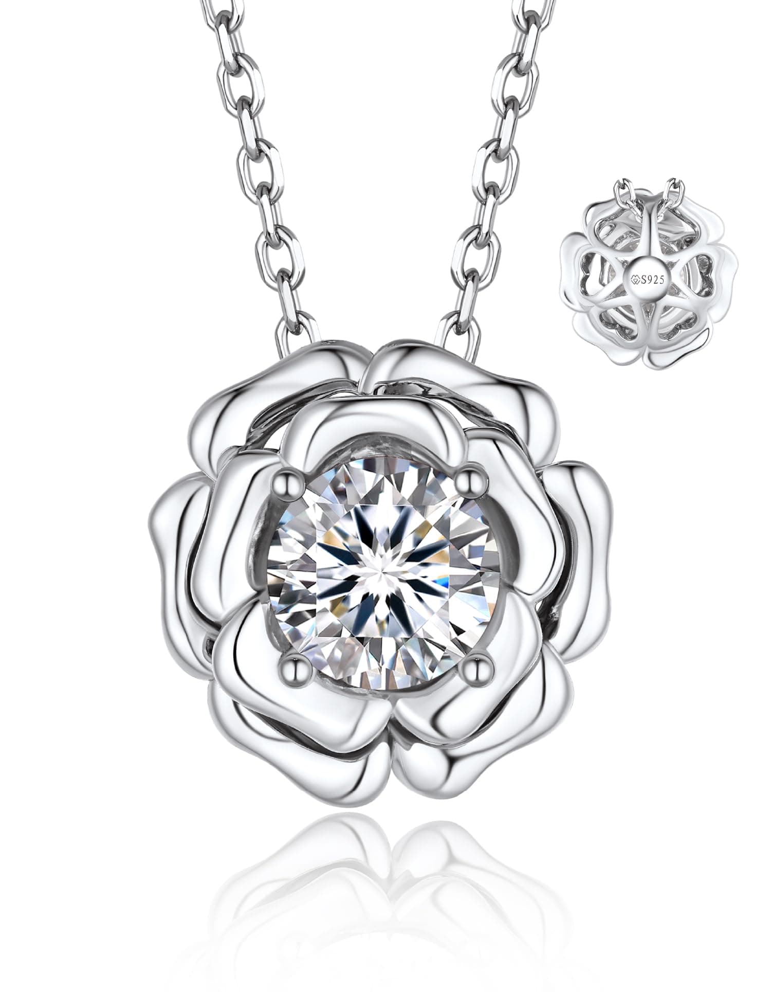 MomentWish 1Carat Moissanite Flower Necklace for Her 925 Sterling Silver Rose Valentine's Day Gift for Wife Recycled Cla