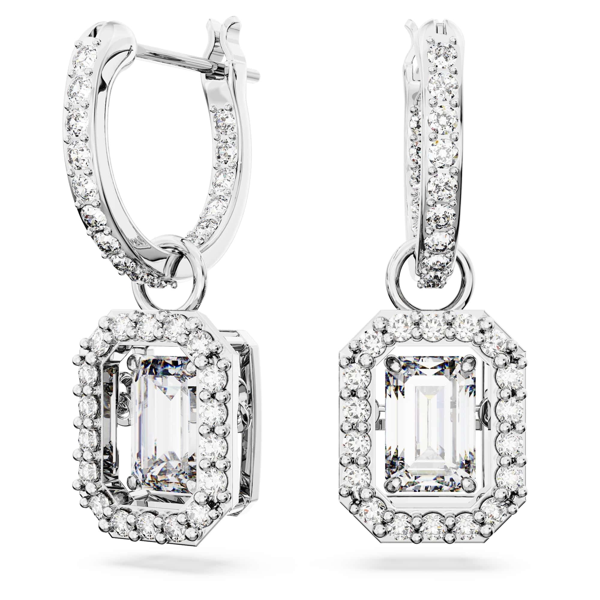 Swarovski Una Drop Earrings for Women, Octagon Shaped, Violet and Clear Crystals, Rhodium Plated, Unmatched Sparkleatric