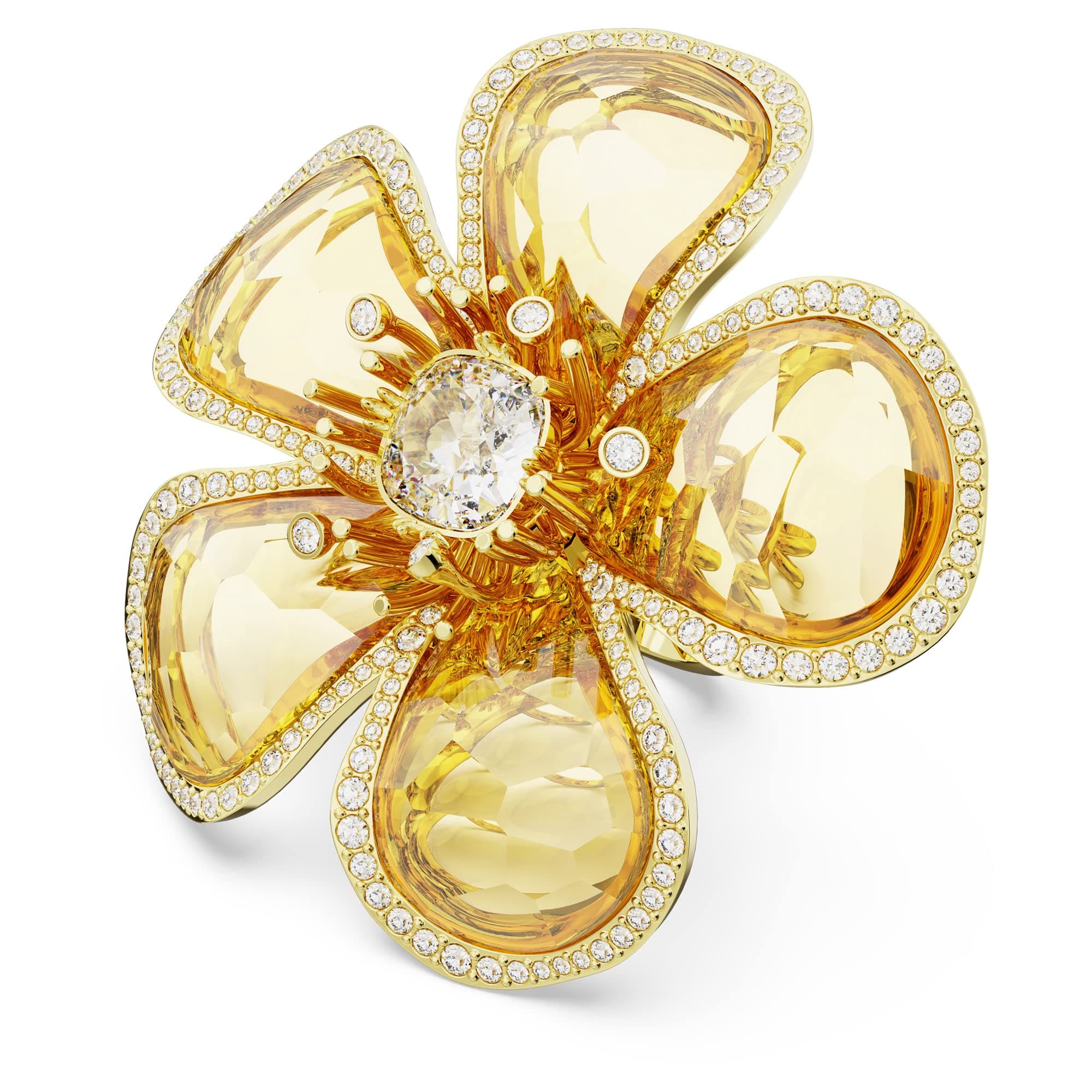 Swarovski Florere Cocktail Ring: Yellow Flower Motif, Gold-Tone Finished Double Band for Women Evening Wear Features and