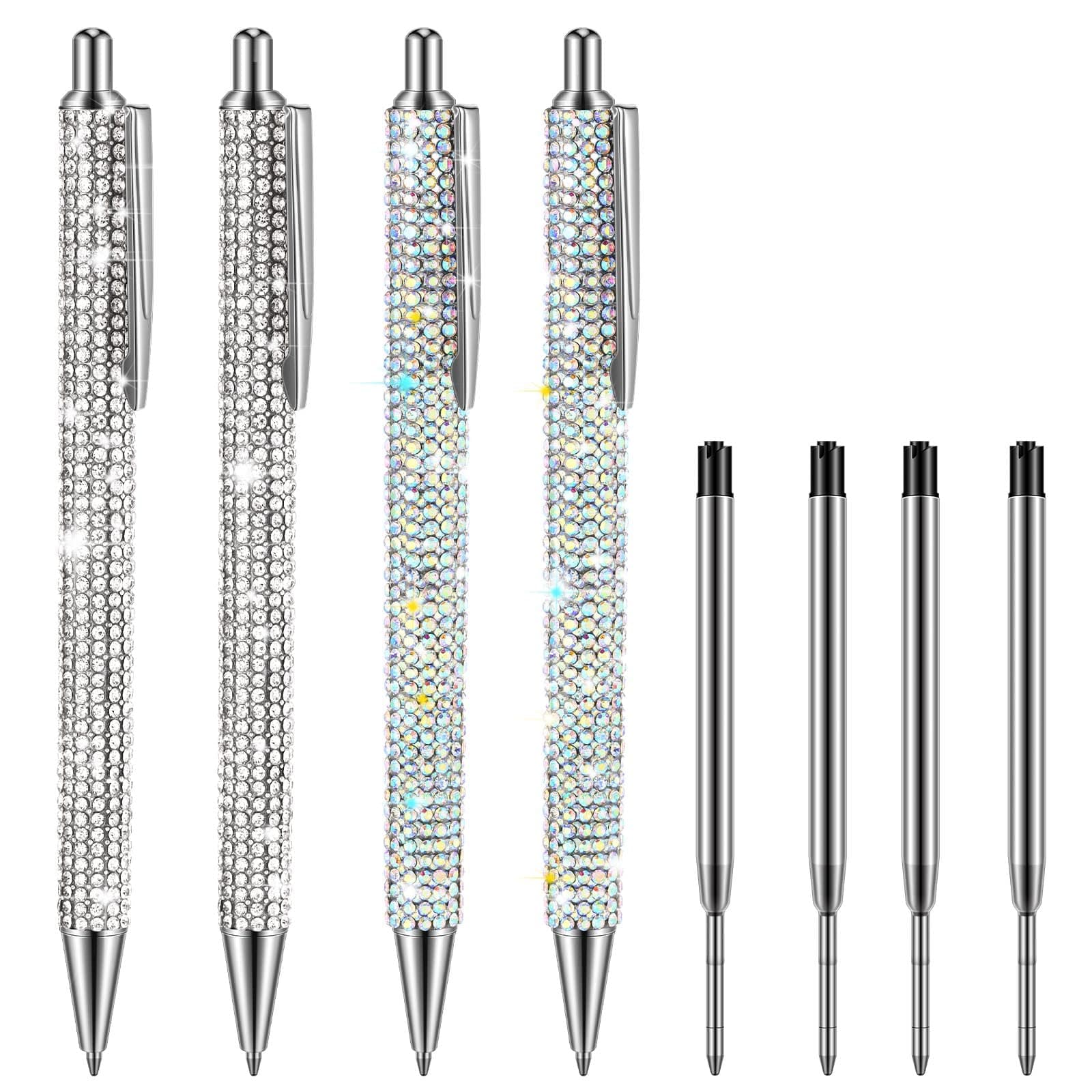 Ireer Silver Bling Rhinestone Sparkly Pens for Women Diamond Ink Crystal Glitter Metal Ballpoint Fancy Pens 4 Pcs 1.0mm