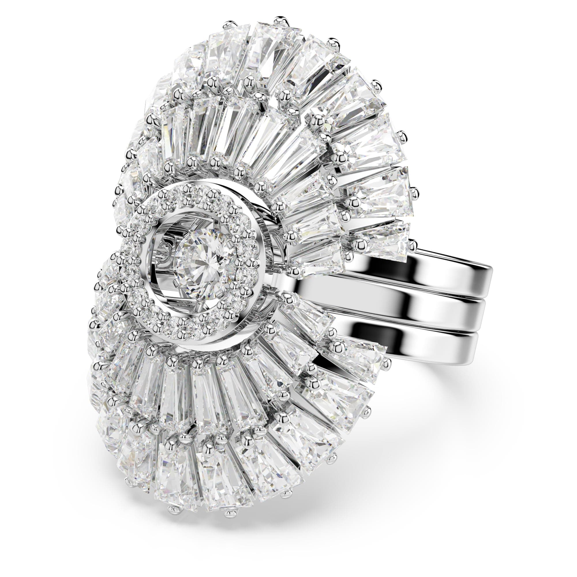 Swarovski Idyllia 3-Piece Ring Set for Women, Mixed Cut Crystals, Shell Motif, Rhodium Finished Metal, Elegant Jewelry G