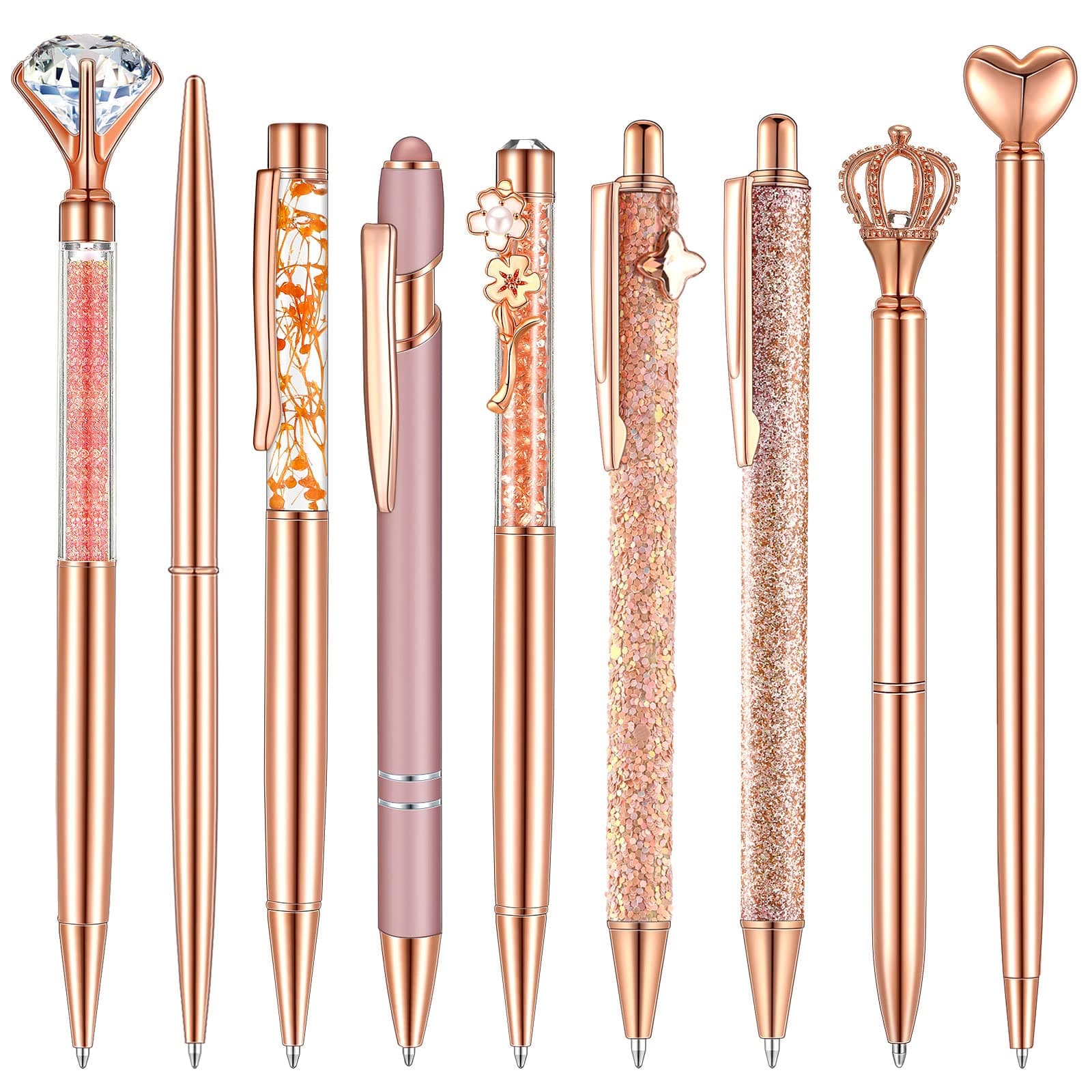 Janmini 9 Pcs Rose Gold Ballpoint Pens Set with Metal Crystal Diamond Design - Women's Fancy Pens for Journaling, Writin
