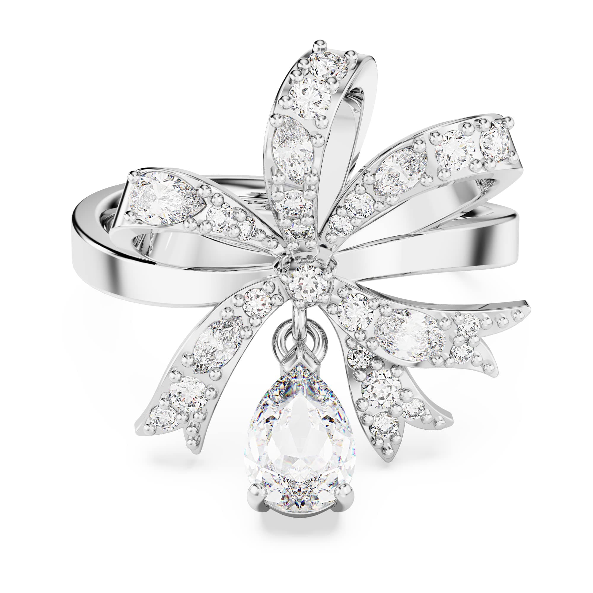 Swarovski Volta Cocktail Ring: Bow Design, Small Size, White Rhodium Finish